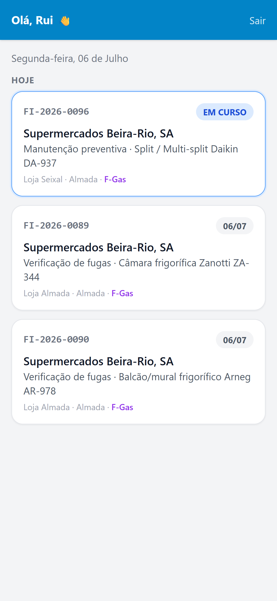 App de campo do Climapa: lista de ordens de hoje do técnico com uma em curso
