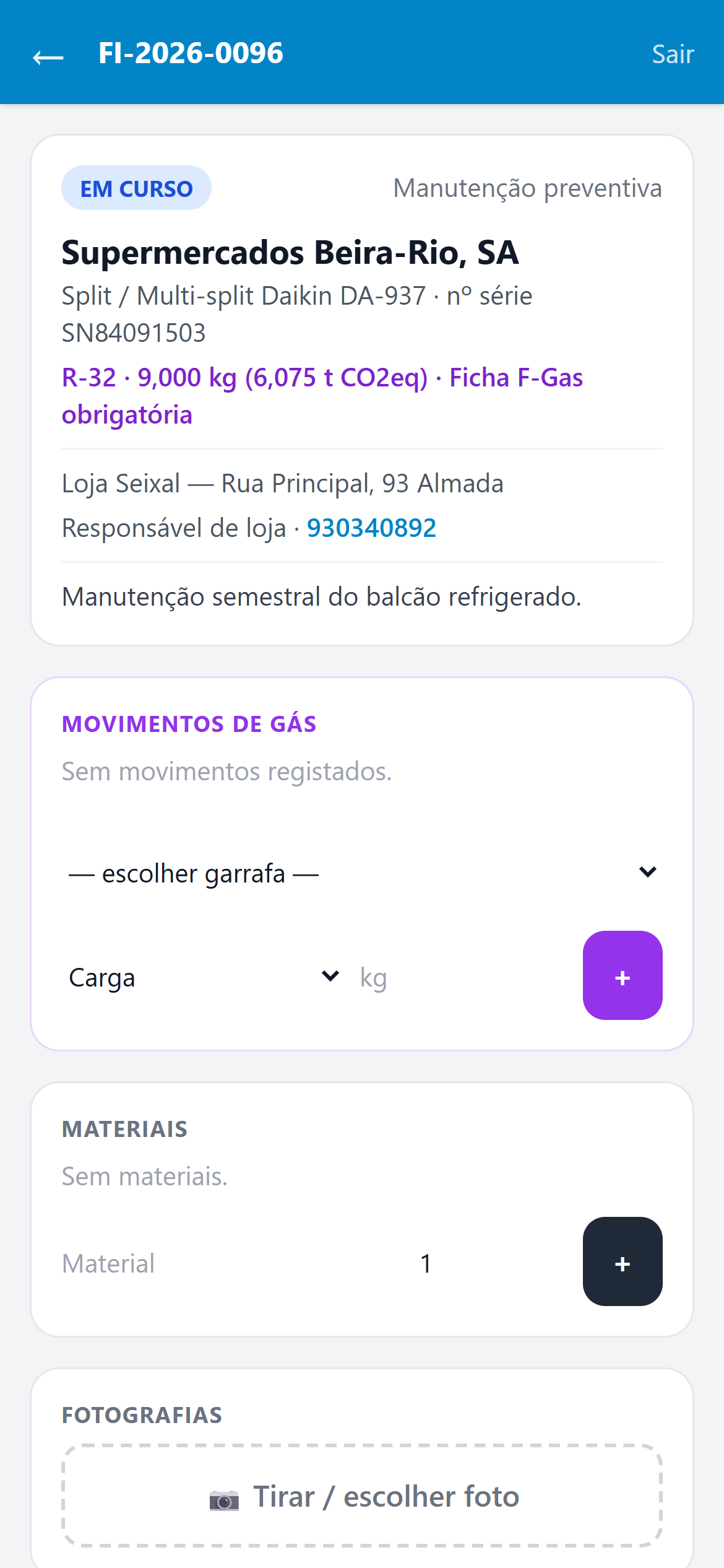App de campo do Climapa no telemóvel: ficha F-Gas obrigatória com secção de movimentos de gás numa ordem em curso